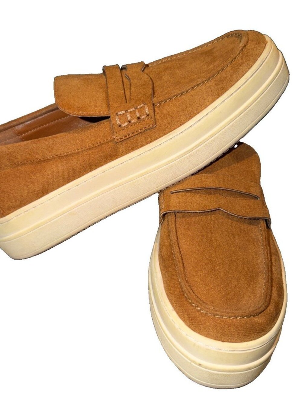 J/Slides NYC Womens Suede Penny Loafer Sneakers Cognac Brown Platform Size 8.5